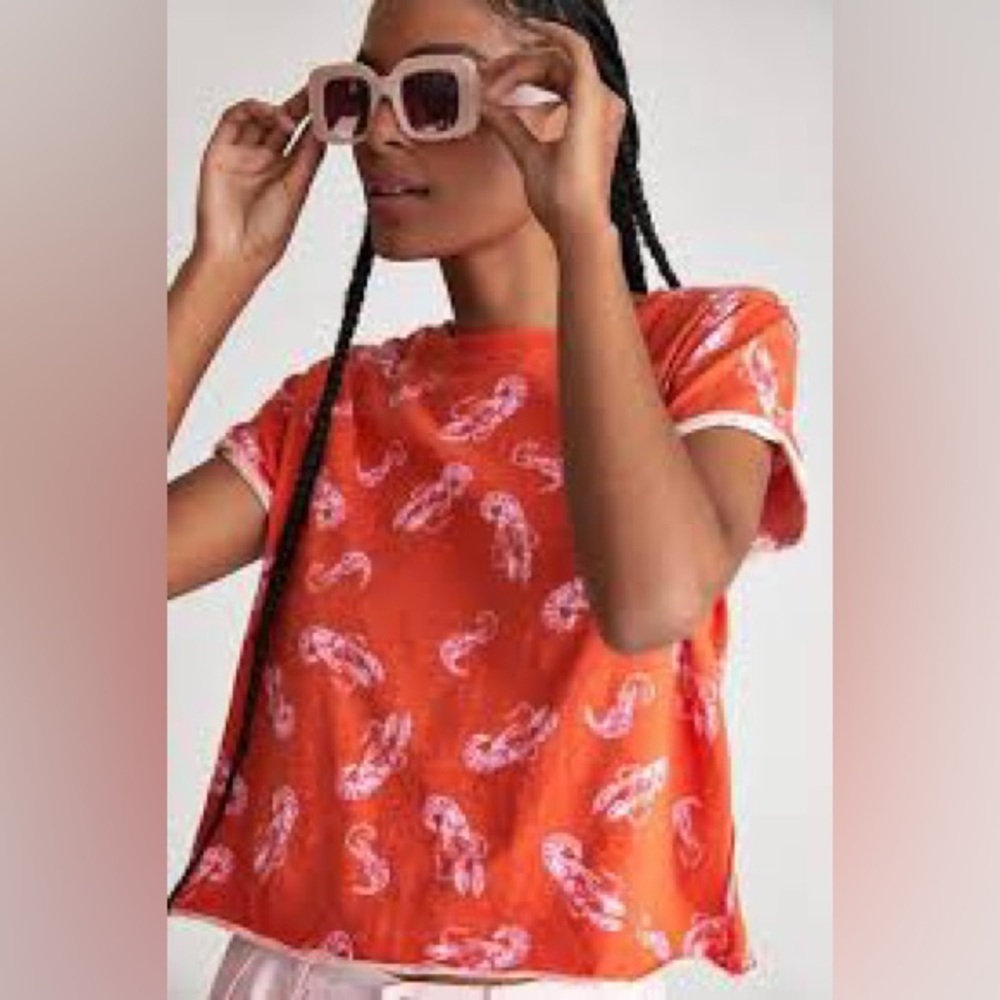 Maeve by Anthropologie Shrimp Pattern Caitlin Boxy T-Shirt Pink Orange Tee sz S